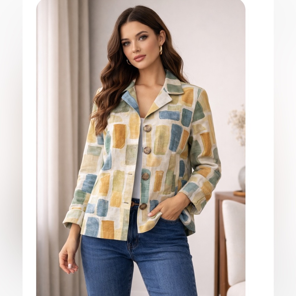 PAINTED PONY Vintage Cream Abstract Wooden Button Linen Jacket L NWOT